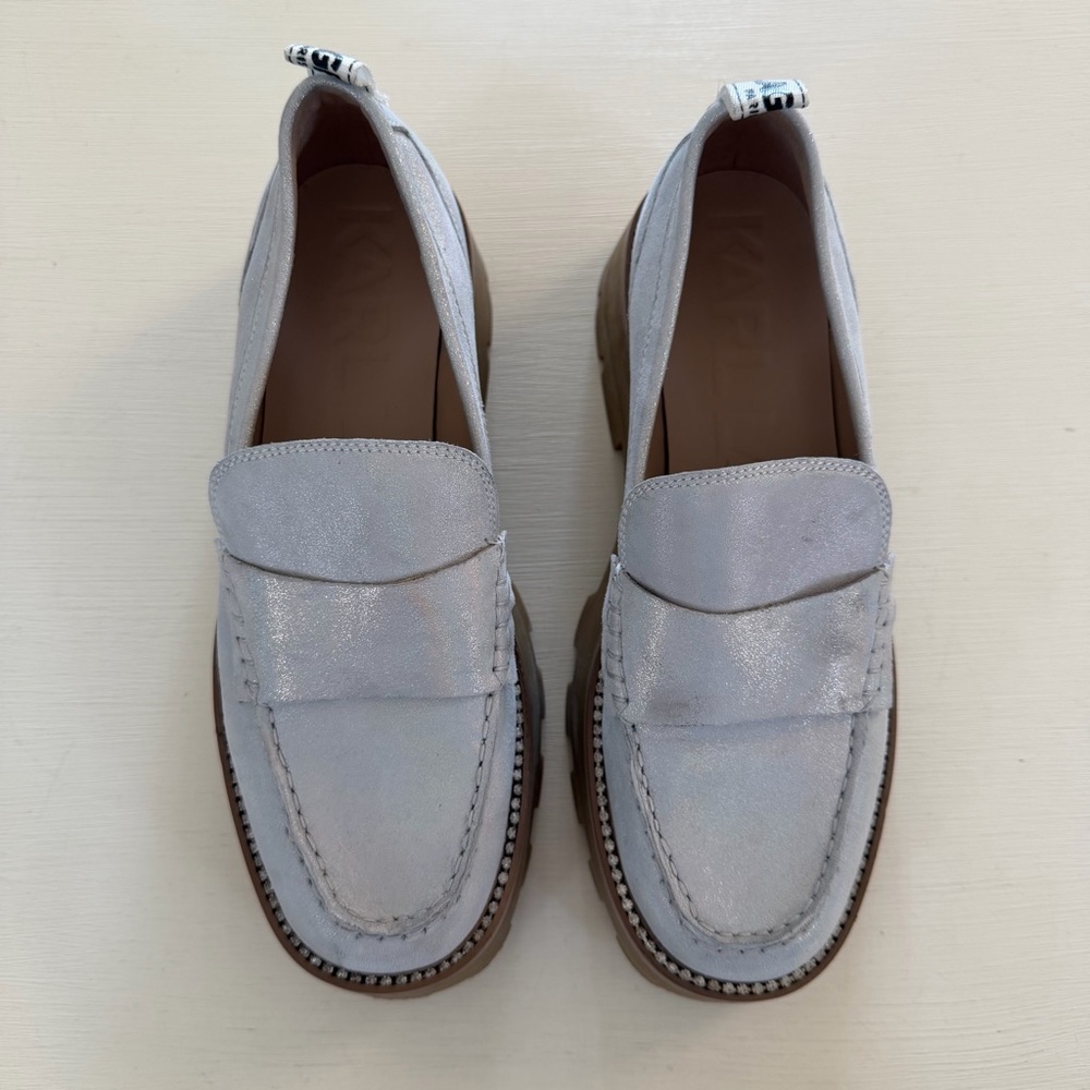 Karl Lagerfeld Iridescent White Loafers with Brown Sole